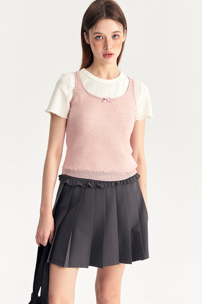 Bow Knit Vest With T-Shirt Set-Up