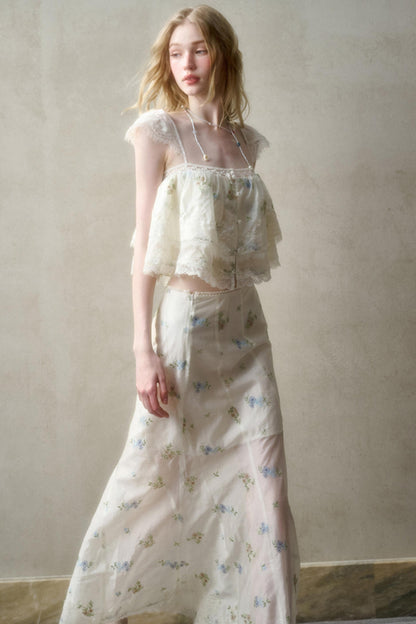 Airy Floral Ensemble Long Lace Skirt Set-Up