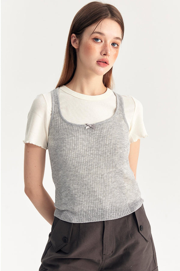 Bow Knit Vest With T-Shirt Set-Up