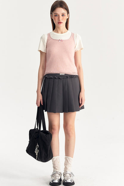 Bow Knit Vest With T-Shirt Set-Up