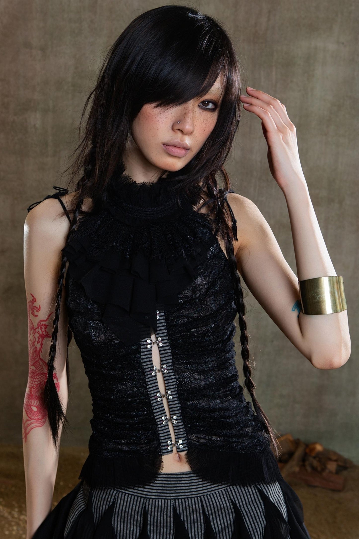 Necklace Accessory Multi-Ruched Lace Halter Top Set