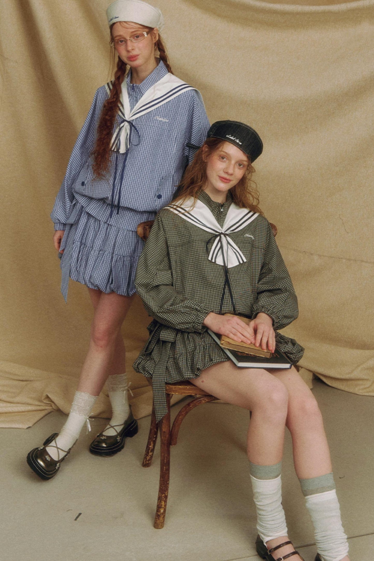 Navy Collar Plaid Jacket Set-Up