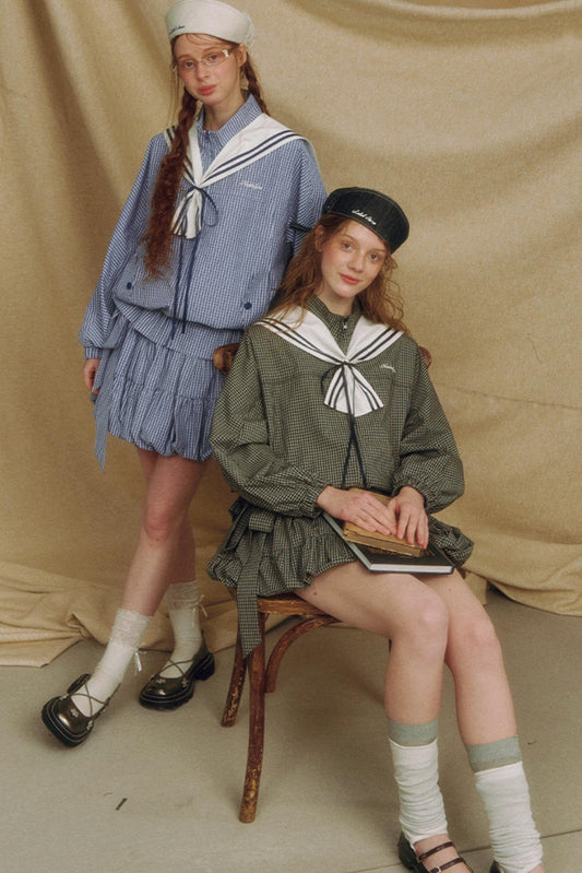 Navy Collar Plaid Jacket Set-Up