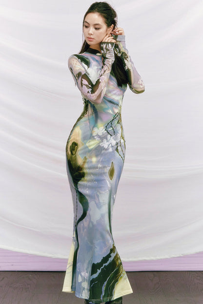 Golden Pearl Impressionist Cheongsam Dress
