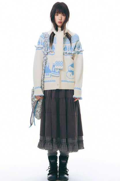 Patchwork Plaid Shirred Japanese Lace-Up Long Dress