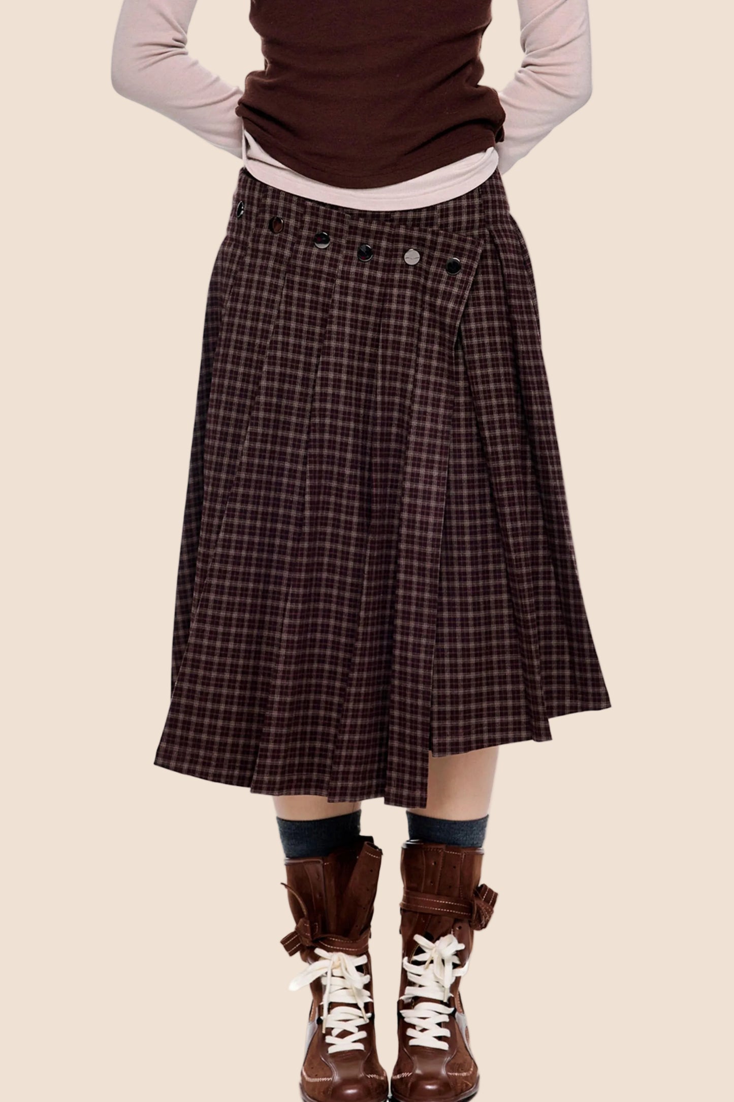 Plaid Rivet Pleated Skirt