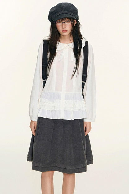 College Ruffle Woolen Suit Skirt Set-Up