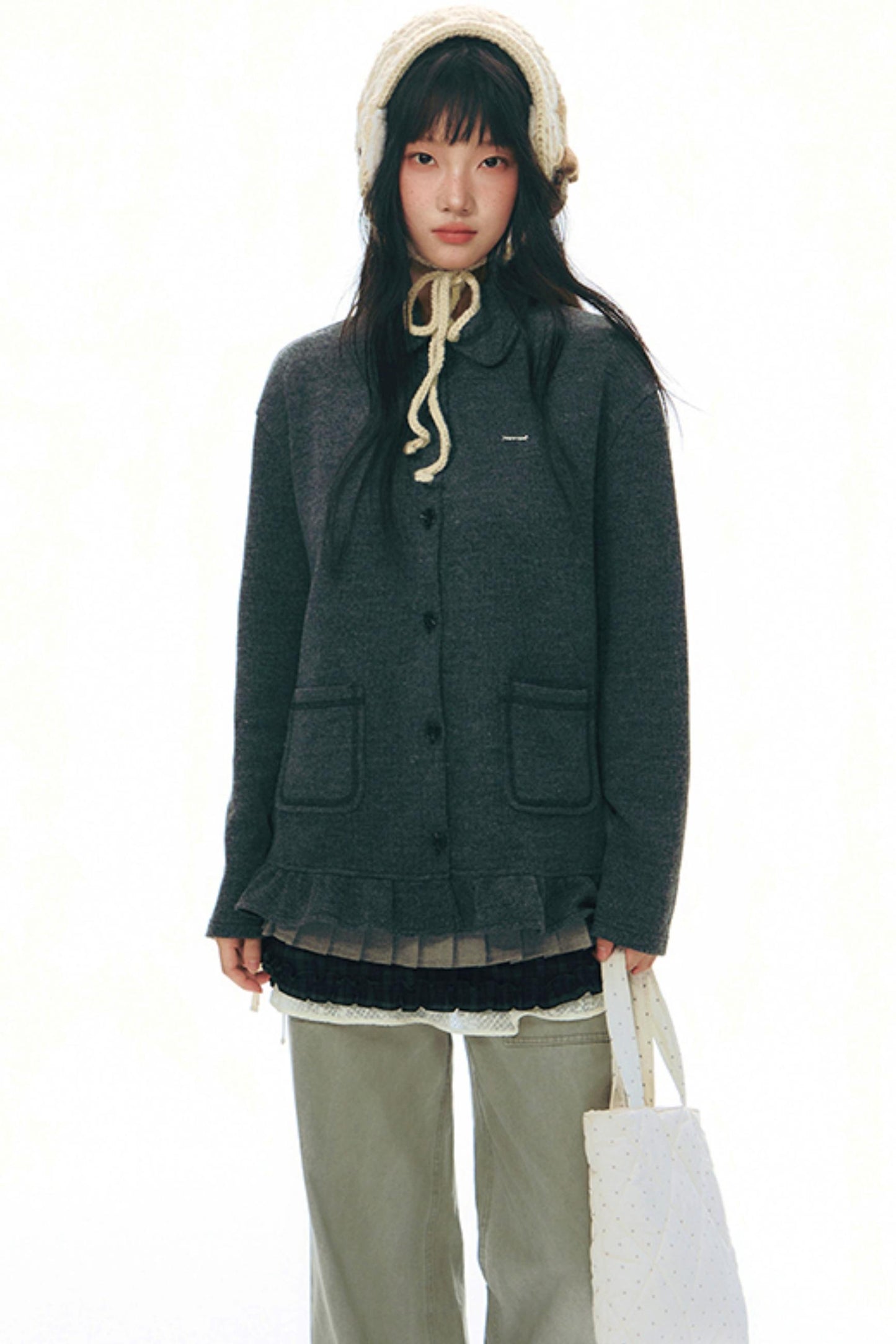 Ruffled Knitted Gray Texture Top