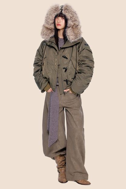 Large Fur Collar Pleated Jacket