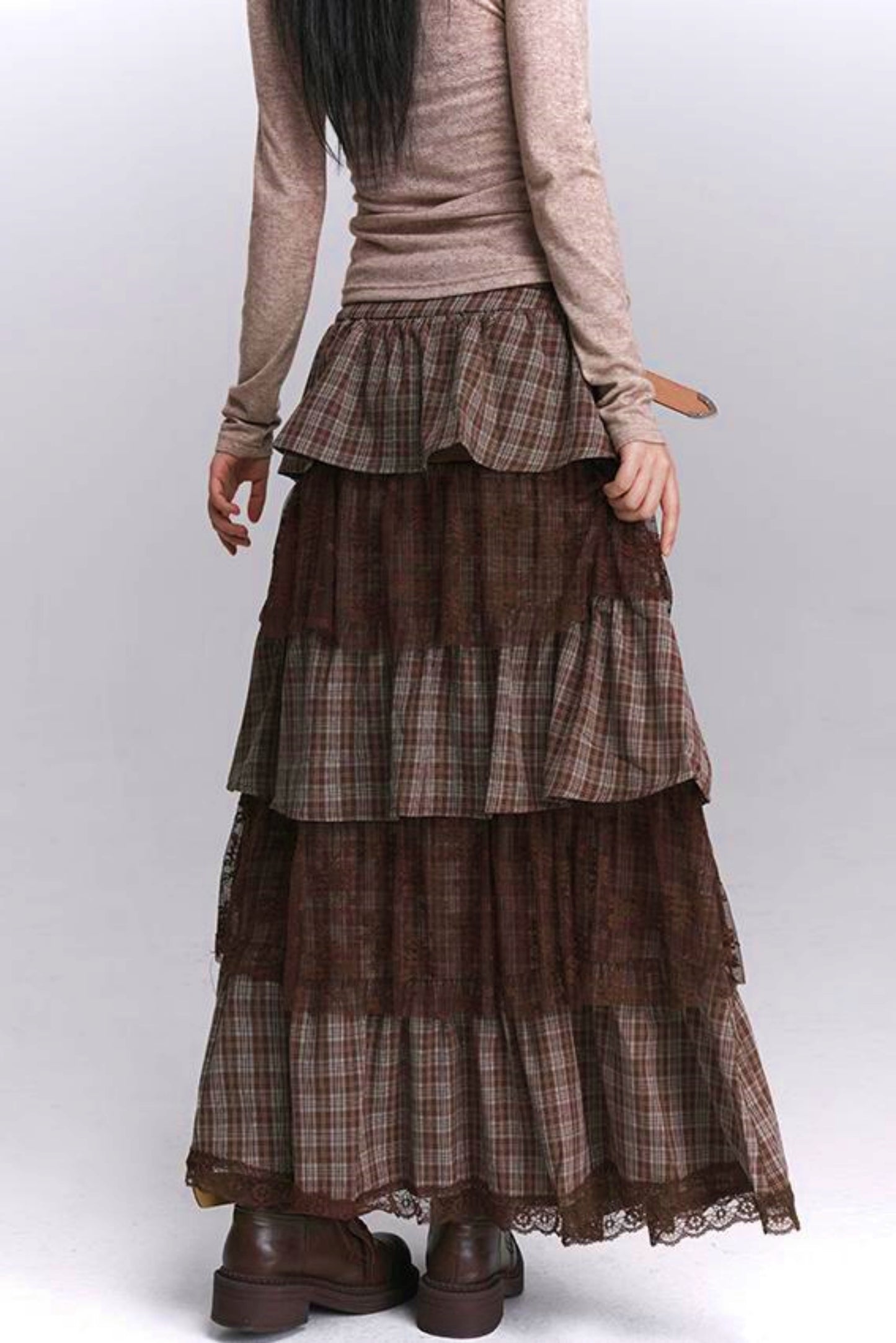 Plaid Tiered Long Skirt