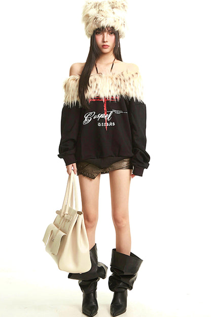 Retro Apricot Fur Collar Sweatshirt