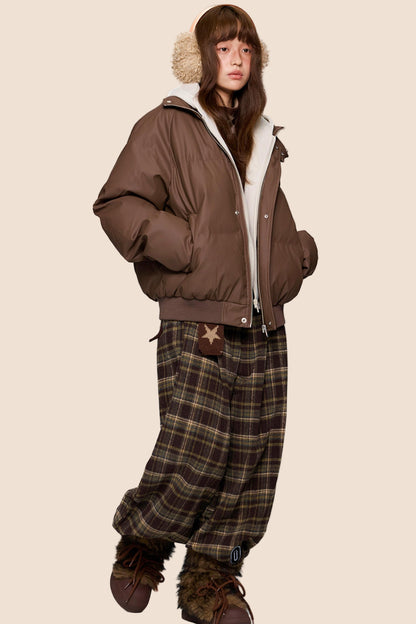 Color-Blocked Leather Hooded Jacket