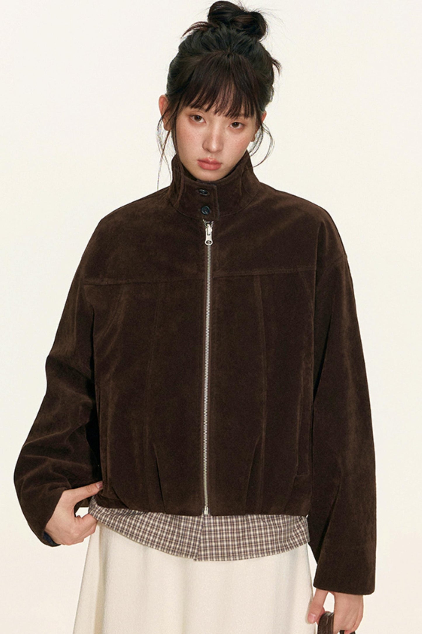 Vintage Suede Plaid Reversible Stand-Up Collar Jacket