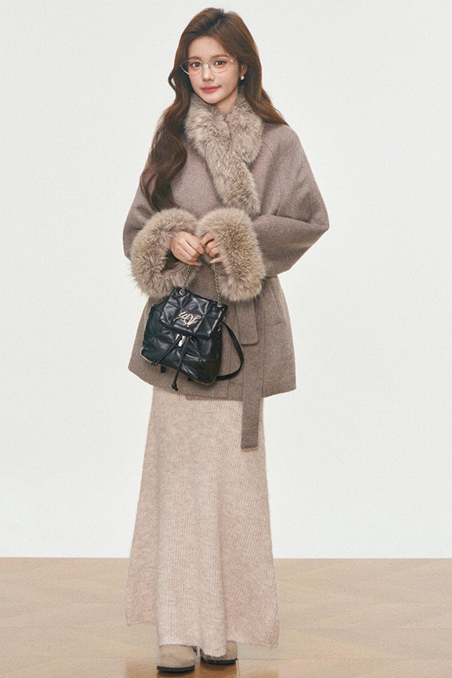 Fur Collar Lace-Up Coat Set-Up