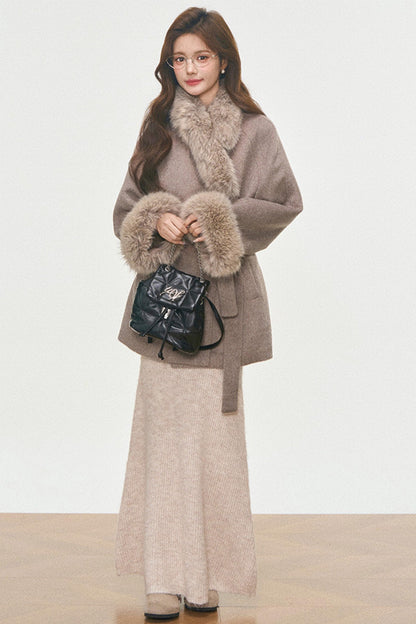 Fur Collar Lace-Up Coat Set-Up