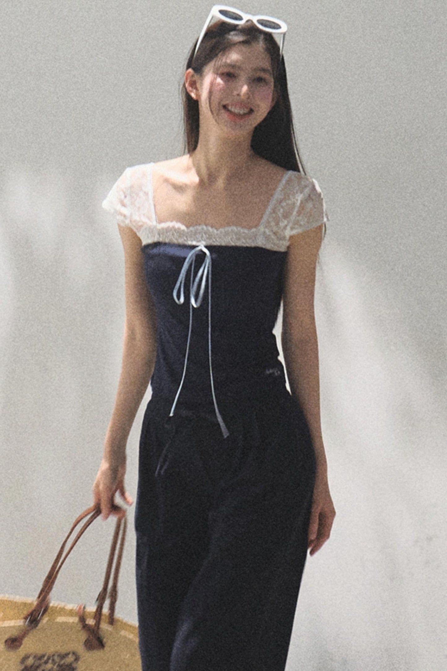 Lace-Up Top & Wide Leg Pants Set-Up