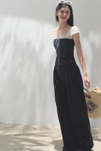Lace-Up Top & Wide Leg Pants Set-Up
