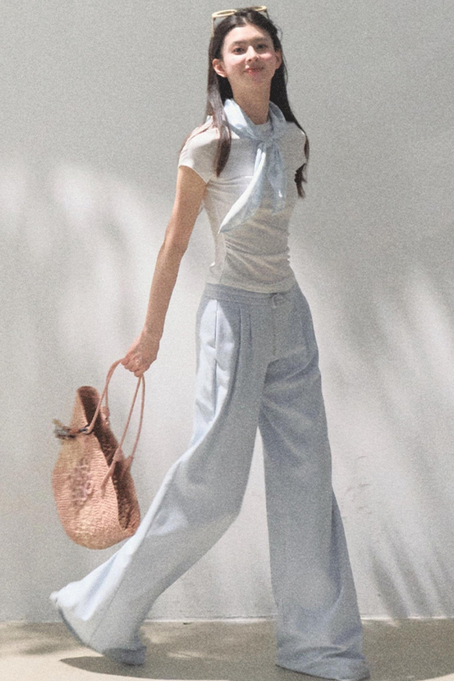 Lace-Up Top & Wide Leg Pants Set-Up