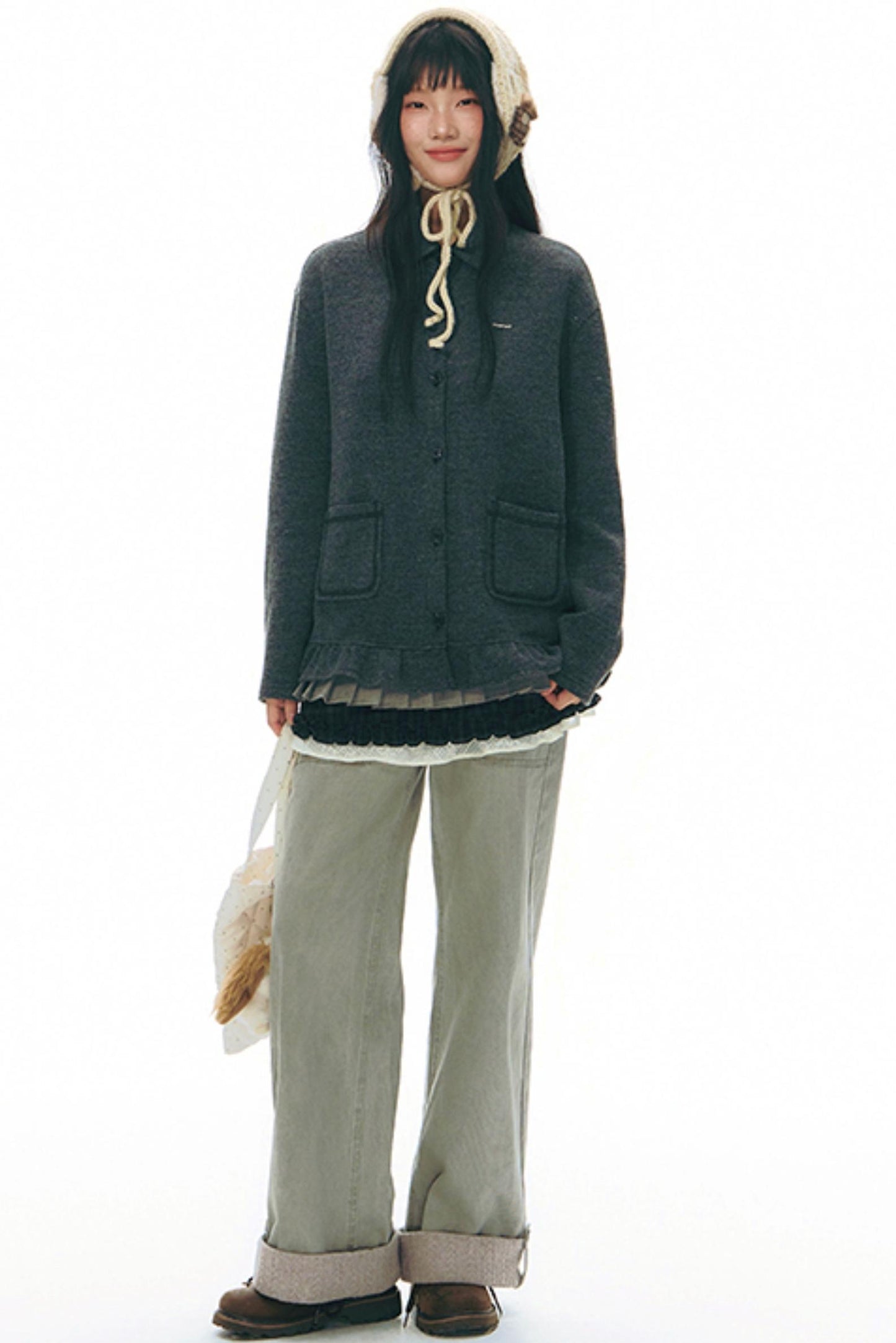 Ruffled Knitted Gray Texture Top