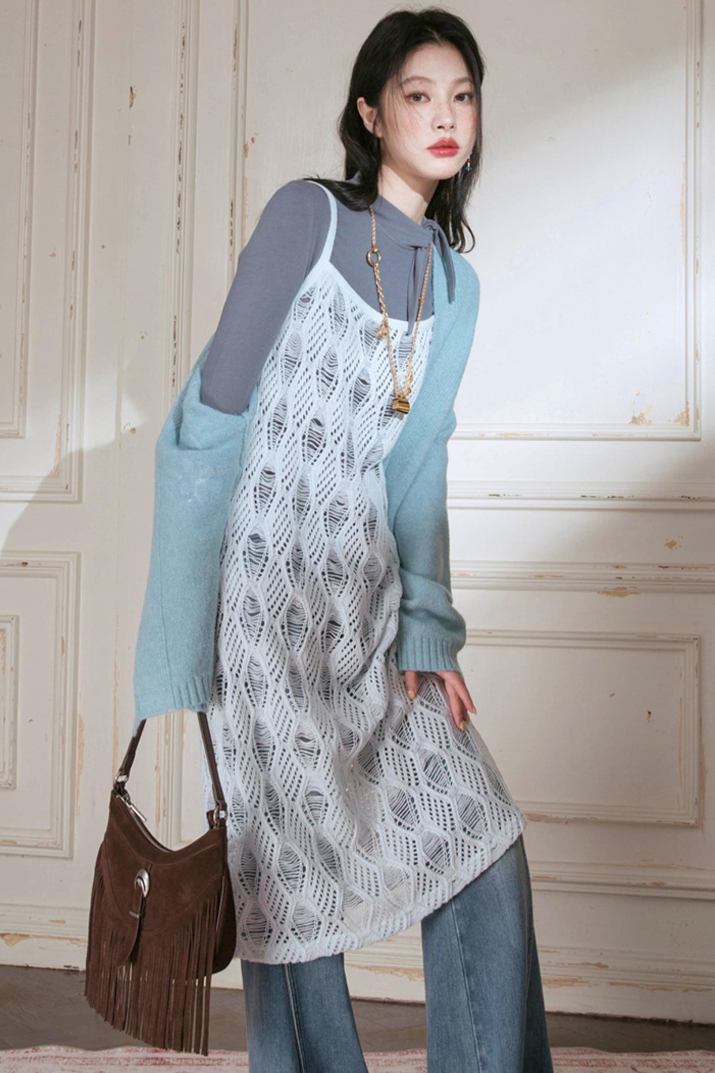 Sense Layering Gray and Blue Openwork Sundress Set