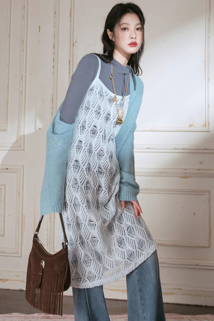 Sense Layering Gray and Blue Openwork Sundress Set