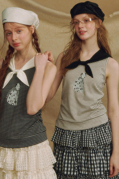 Puppy Print Bow-Striped Navy Tank Top