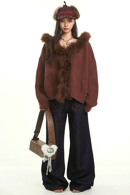 Retro Gray Fur Collar Cardigan Jacket