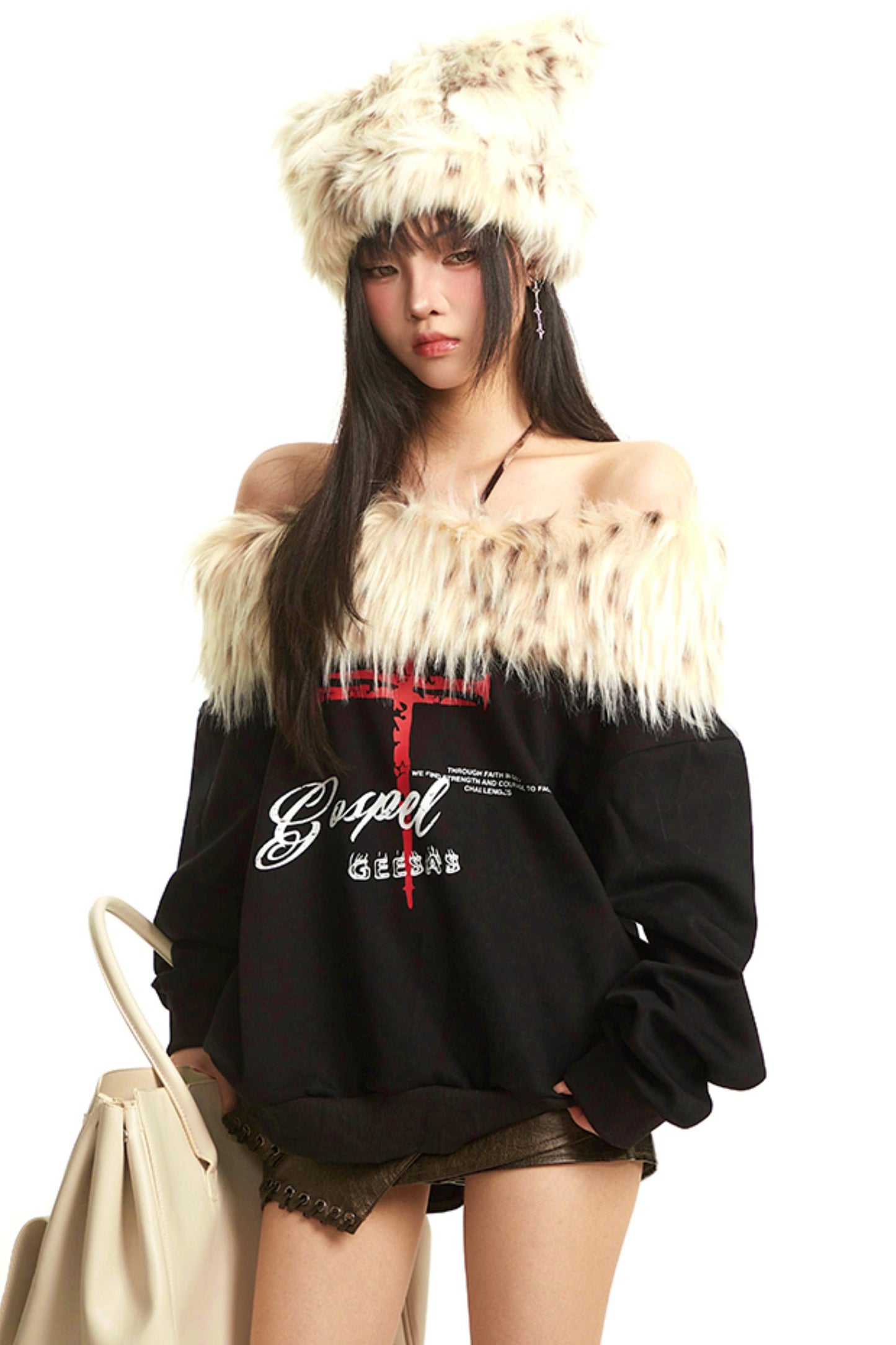 Retro Apricot Fur Collar Sweatshirt