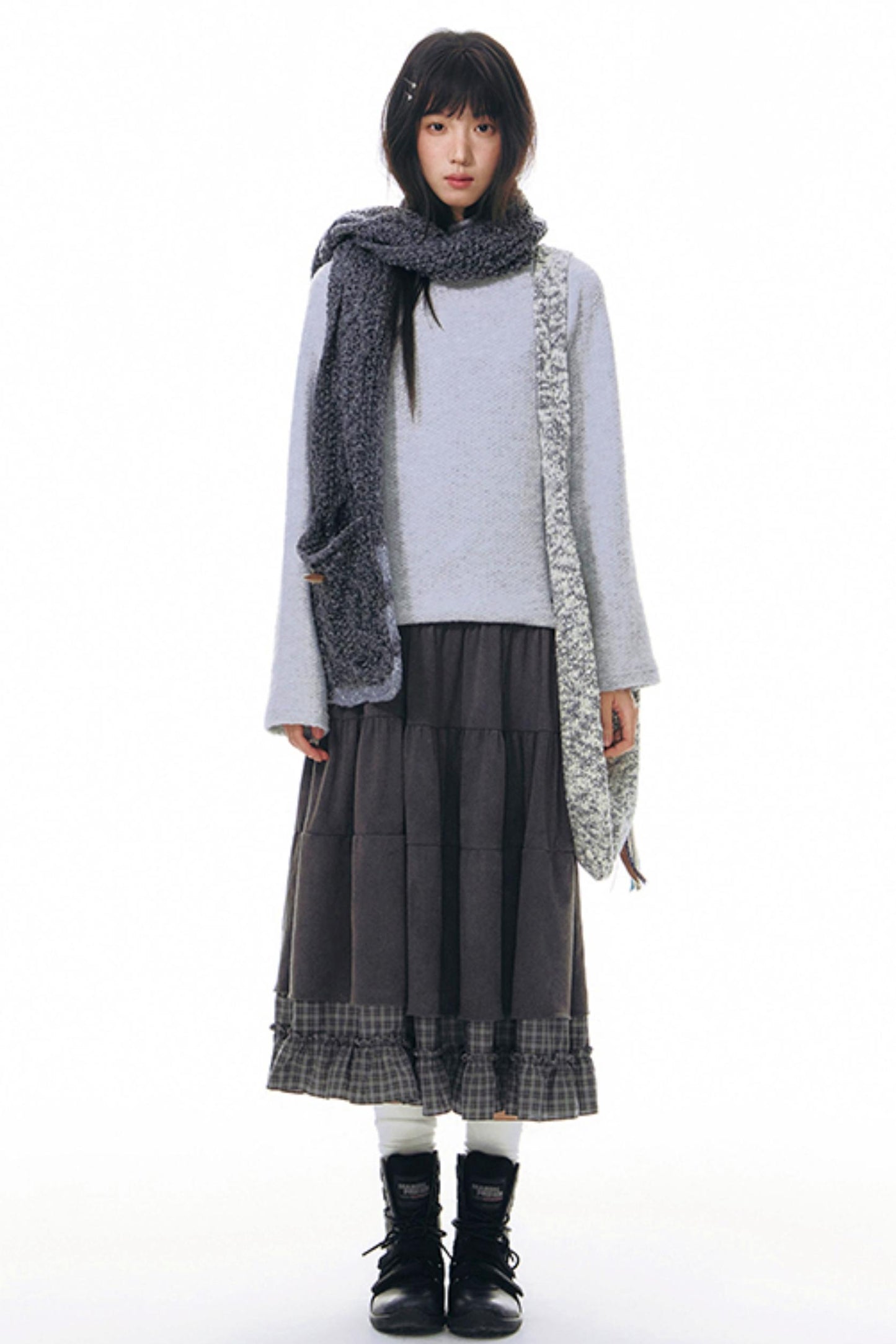 Patchwork Plaid Shirred Japanese Lace-Up Long Dress