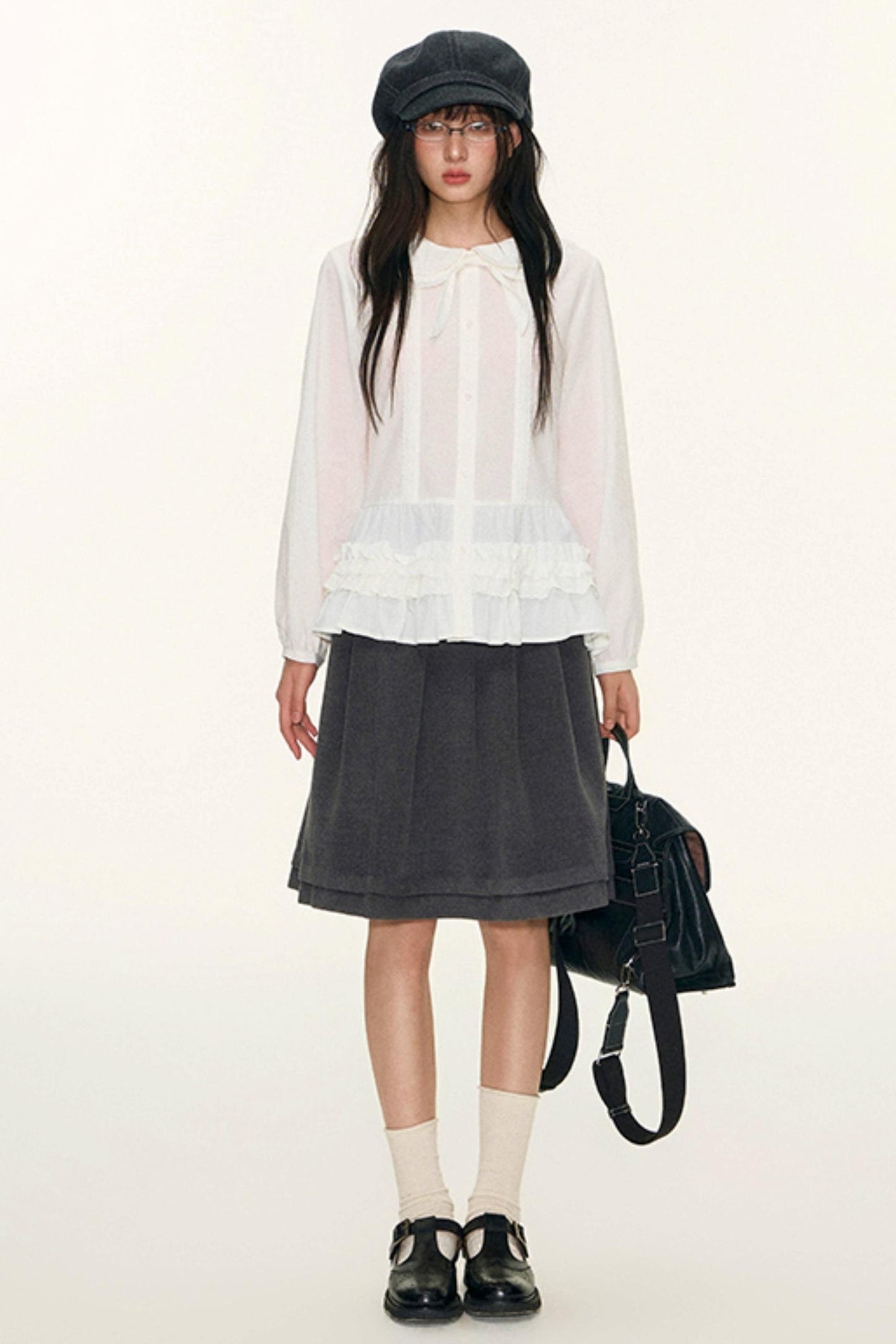 College Ruffle Woolen Suit Skirt Set-Up