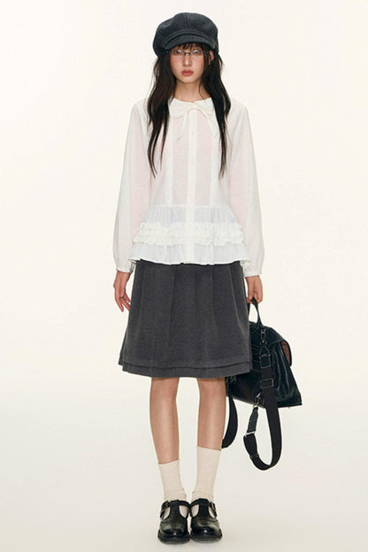 College Ruffle Woolen Suit Skirt Set-Up