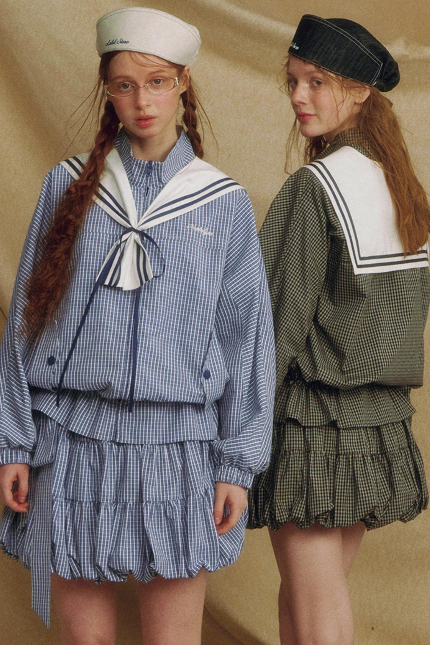 Navy Collar Plaid Jacket Set-Up