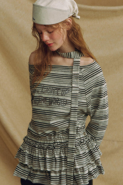 Chic One-Shoulder Striped Lace Top