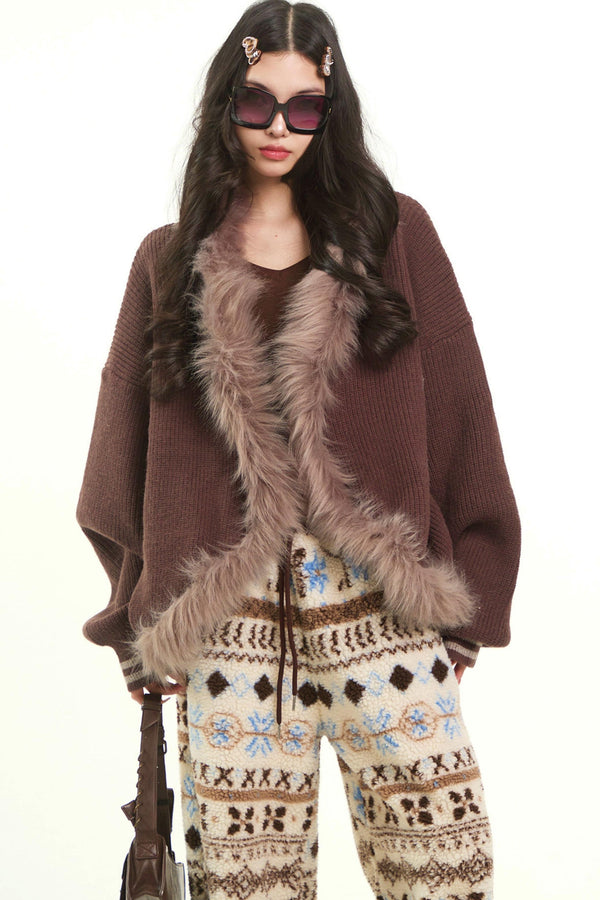 Plush Collar Knitted Cardigan