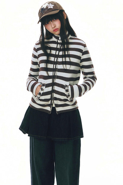 Stand-Up Striped Sweatshirt Jacket Set-Up