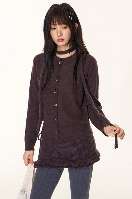 Original Lace-Up Crew Neck Cardigan Set-Up