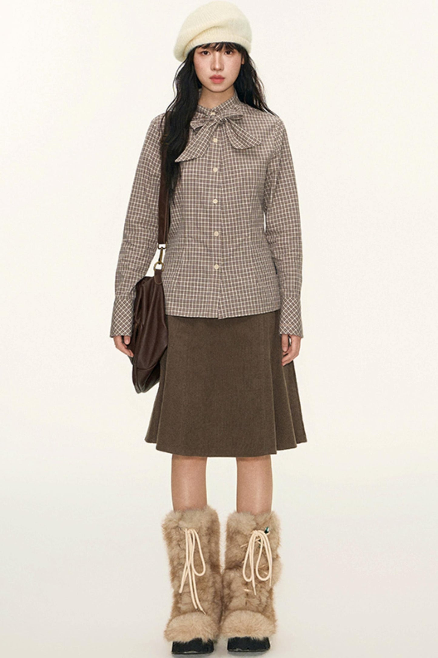 Original Plaid Embroidered Lace-Up Long Sleeve Shirt