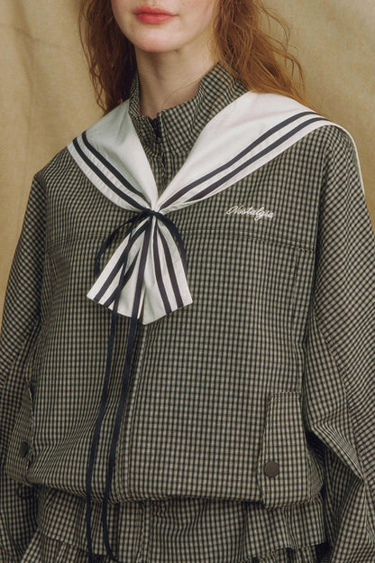 Navy Collar Plaid Jacket Set-Up