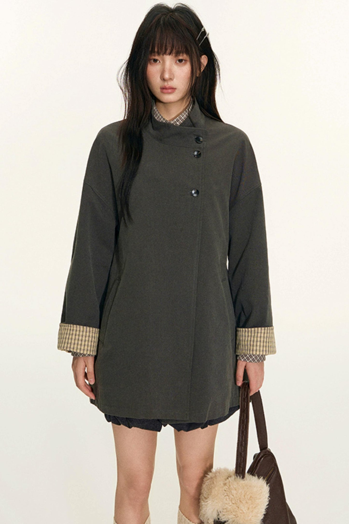 Dual-Purpose Plaid Patchwork Trench Coat