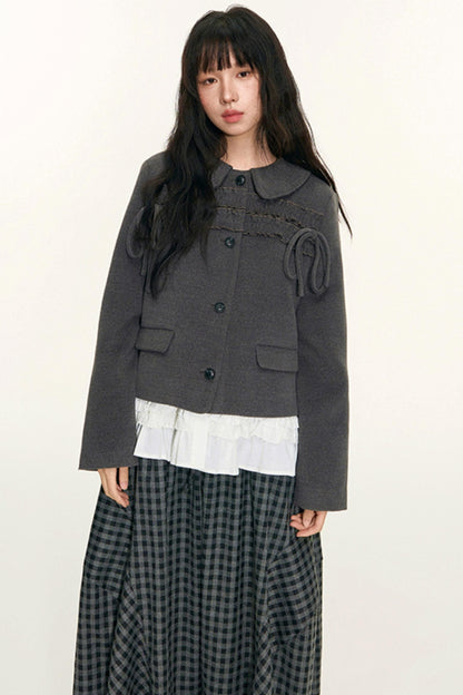 College Ruffle Woolen Suit Skirt Set-Up