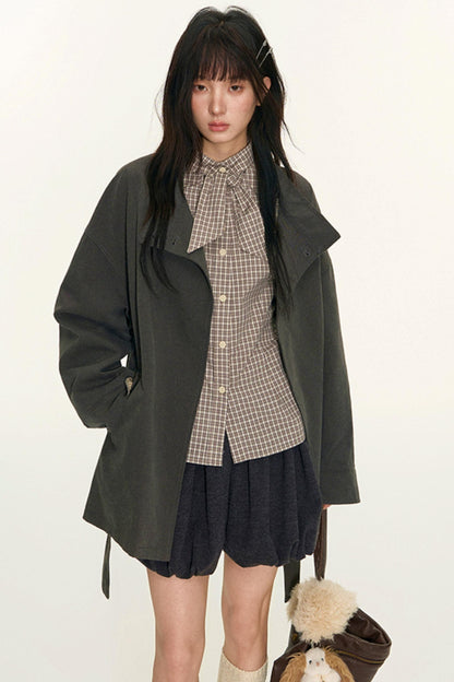 Original Plaid Embroidered Lace-Up Long Sleeve Shirt