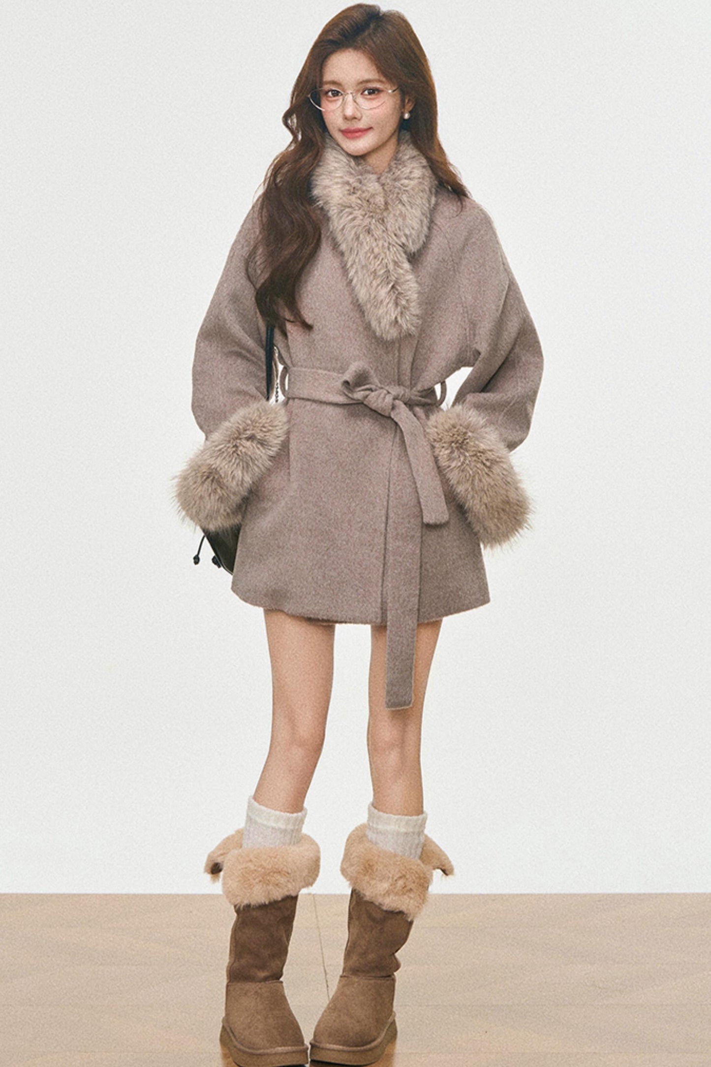 Fur Collar Lace-Up Coat Set-Up