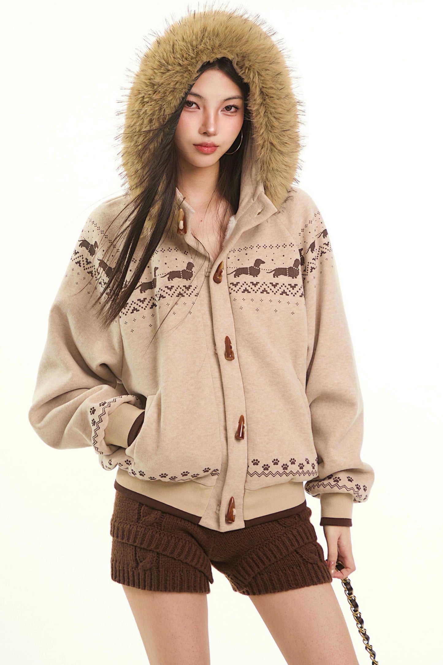 Retro Fair Isle Fur Collar Jacket