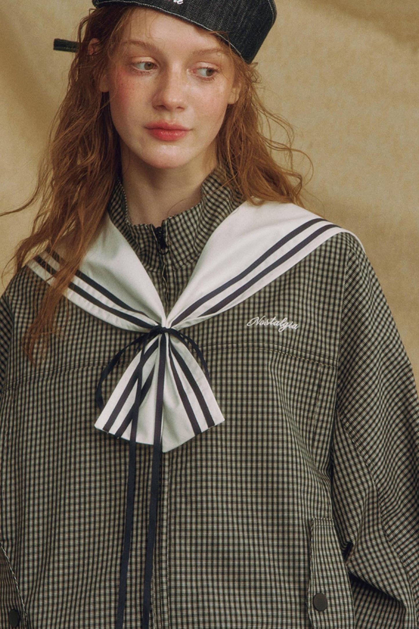 Navy Collar Plaid Jacket Set-Up