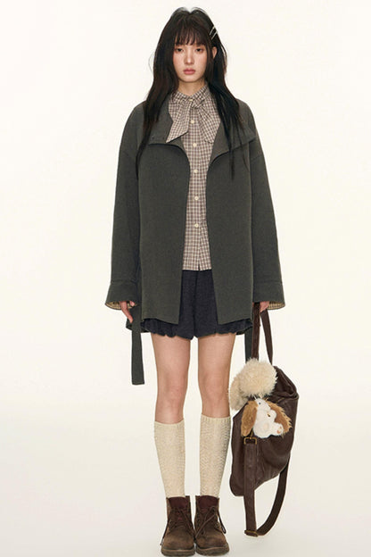 Original Plaid Embroidered Lace-Up Long Sleeve Shirt