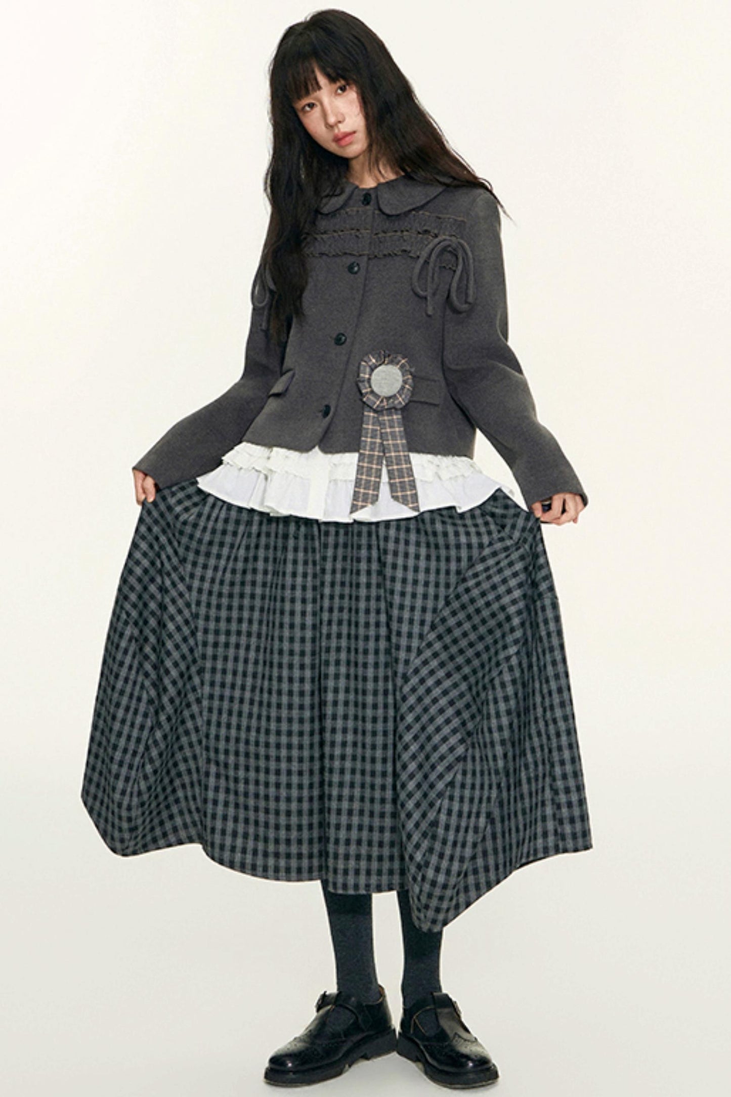 College Ruffle Woolen Suit Skirt Set-Up