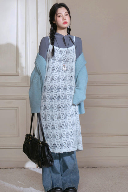 Sense Layering Gray and Blue Openwork Sundress Set