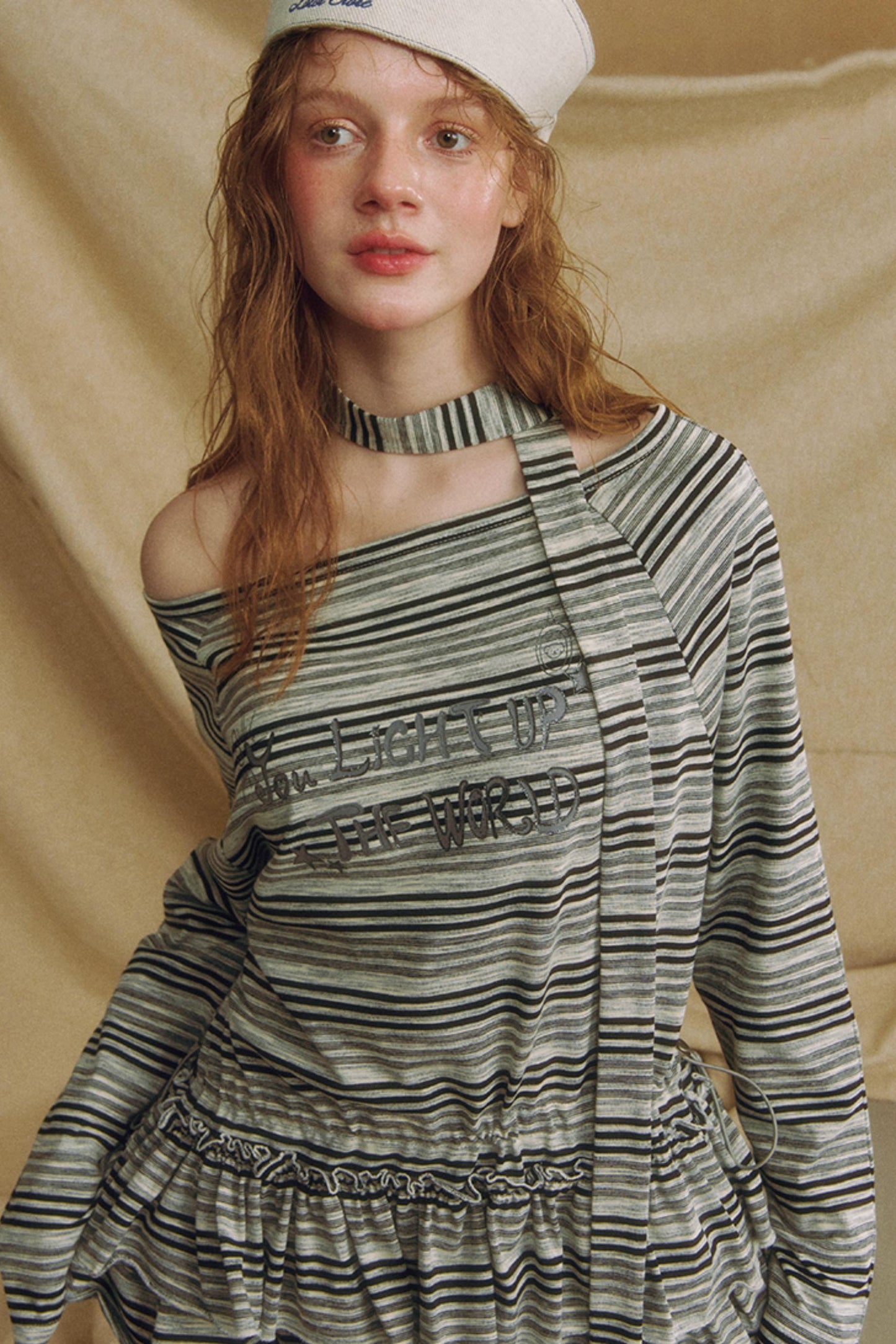 Chic One-Shoulder Striped Lace Top