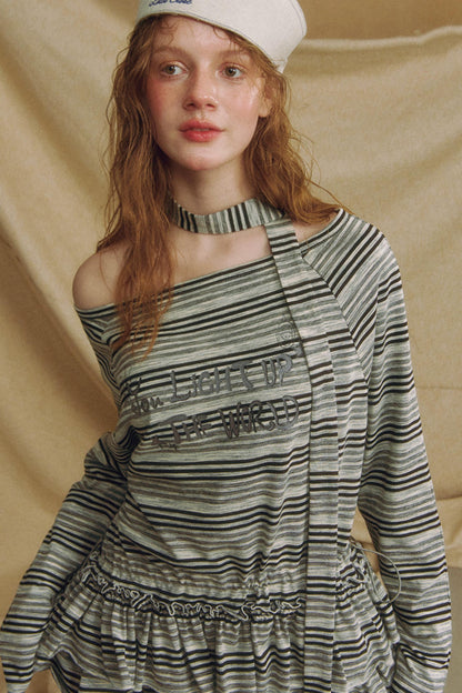 Chic One-Shoulder Striped Lace Top