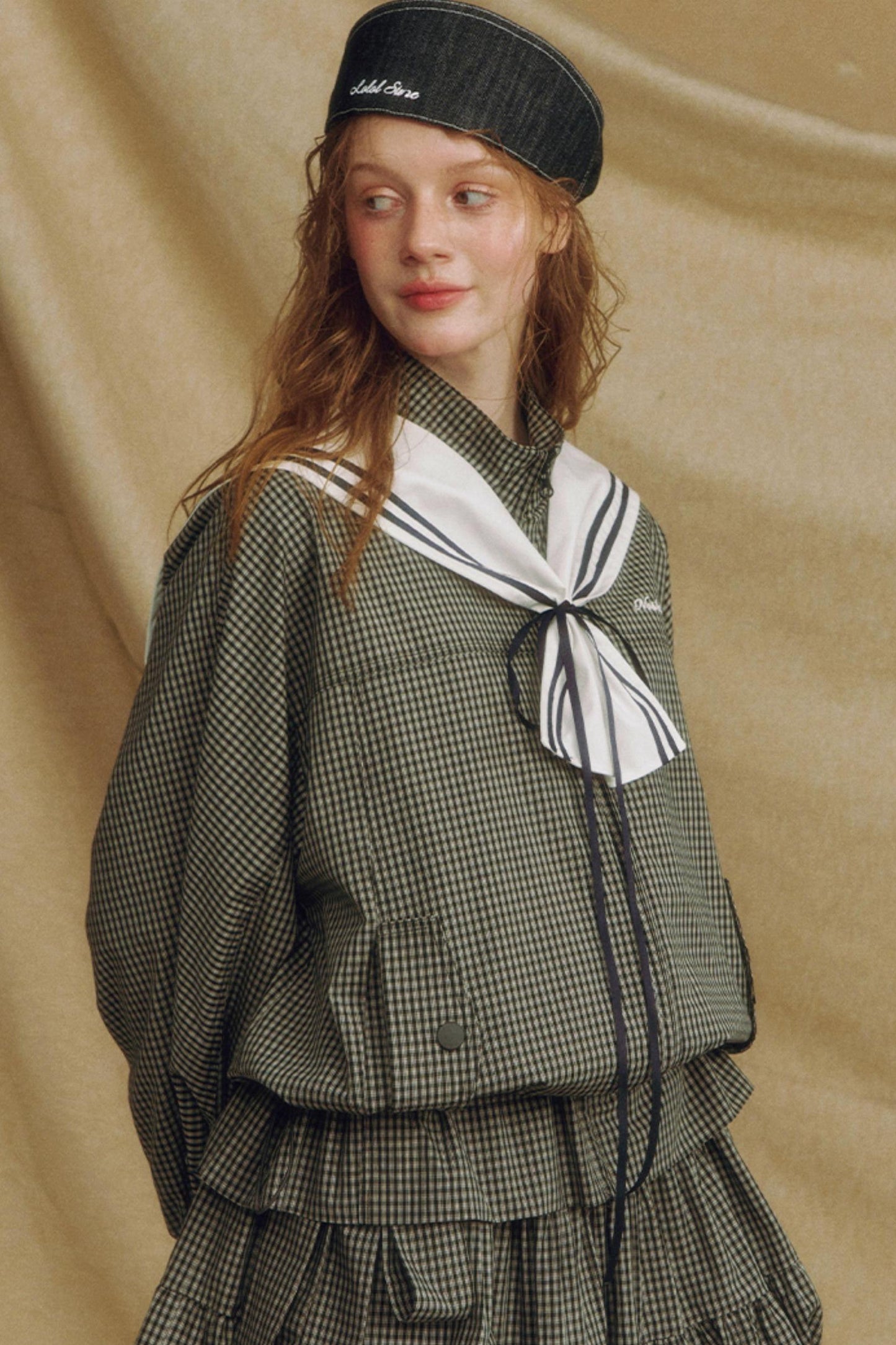 Navy Collar Plaid Jacket Set-Up